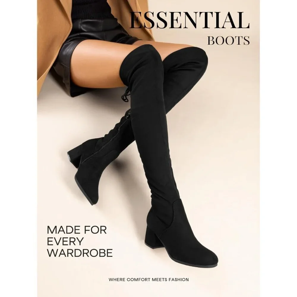 Women's Black Faux Leather Over The Knee Thigh High Chunky Heel Long Boots